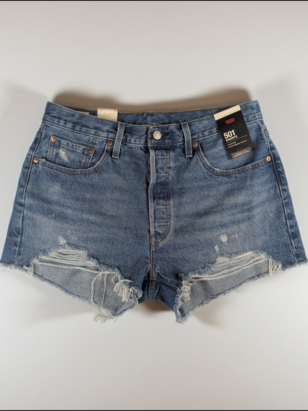Levi's 501 High Rise Medium Wash Denim Shorts Blue Women's 32 Distressed